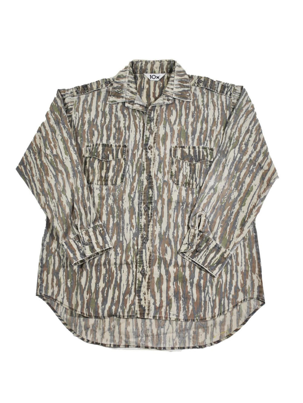 Vintage 10X Hunting Camo Outdoors Bark Button Shirt Size Large
